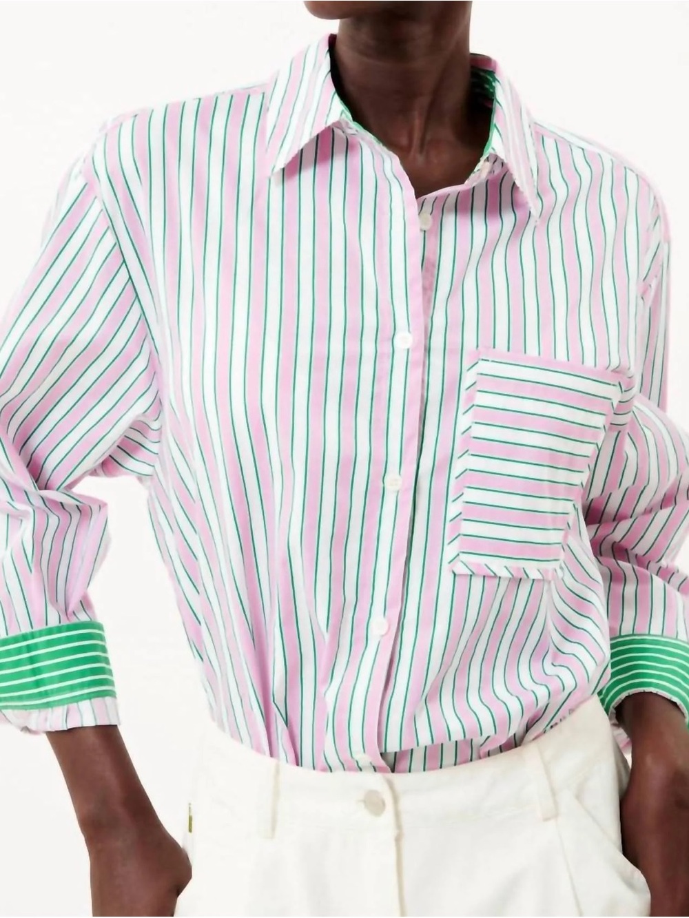 FRNCH Pink and Green Striped Button-Down Shirt